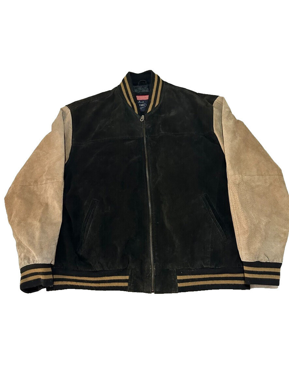 Leather USA Men XL Bomber Jacket Black Tan Varsity Letterman Suede Leather Coat